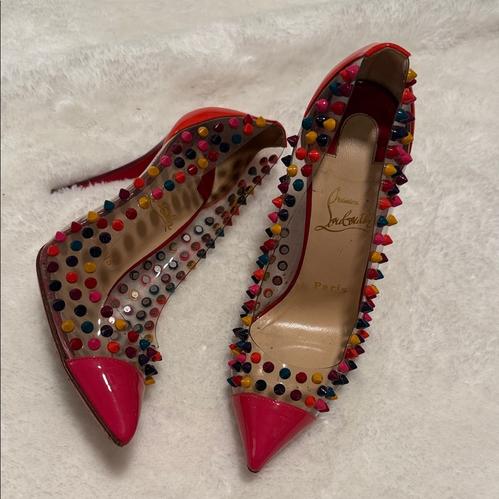 Christian Louboutin Pink and Multicolor Studded Heels